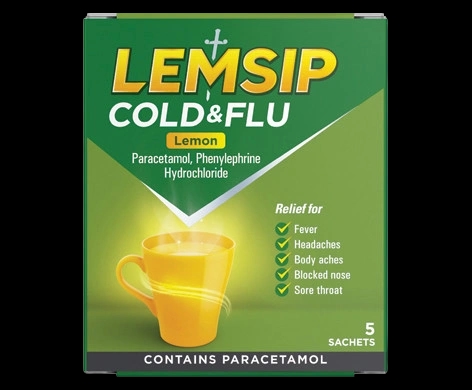Lemsip Cold & Flu Lemon packaging which is available to order online from NowPatient with next day delivery