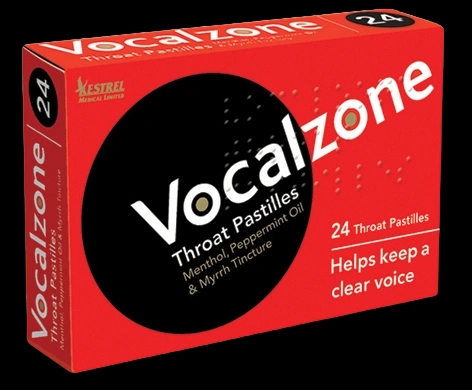 Vocalzone Throat Pastilles packaging which is available to order online from NowPatient with next day delivery