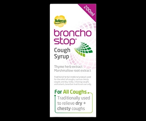 Buttercup Bronchostop Cough Syrup packaging which is available to order online from NowPatient with next day delivery