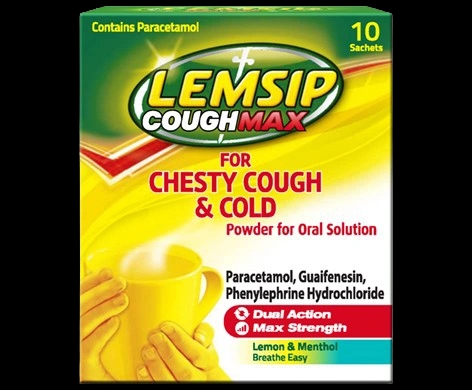 Lemsip Cough Max for Chesty Cough & Cold Powder for Oral Solution packaging which is available to order online from NowPatient with next day delivery