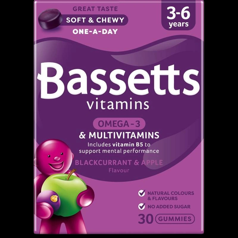 Bassetts Vitamins 3-6 Years Multivitamins & Omega-3 Blackcurrant & Apple packaging which is available to order online from NowPatient with next day delivery
