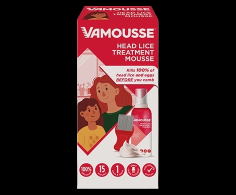 Vamousse Head Lice Treatment Mousse packaging which is available to order online from NowPatient with next day delivery
