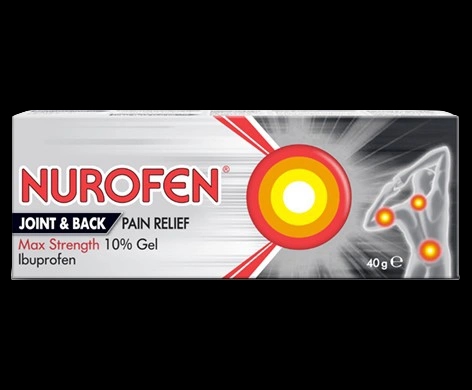 Nurofen Joint & Back Pain Relief Max Strength 10% Gel packaging which is available to order online from NowPatient with next day delivery