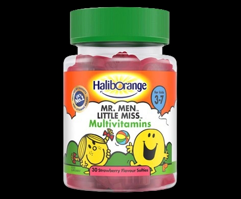 Haliborange Mr Men Little Miss Multivitamins Strawberry Softies packaging which is available to order online from NowPatient with next day delivery