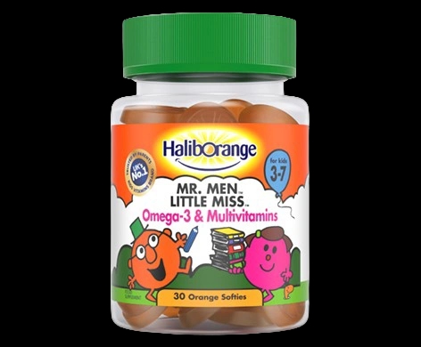 Haliborange Mr Men Little Miss Omega-3 & Multivitamins Orange Softies packaging which is available to order online from NowPatient with next day delivery
