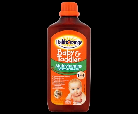 Haliborange Baby & Toddler Multivitamin Liquid packaging which is available to order online from NowPatient with next day delivery