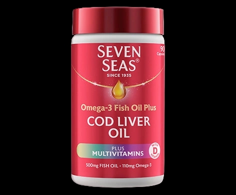 Seven Seas Omega-3 Fish Oil plus Cod Liver Oil plus Multivitamins packaging which is available to order online from NowPatient with next day delivery