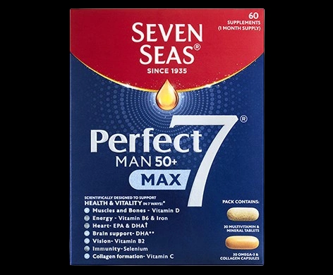Seven Seas Perfect7 Man 50+ Max packaging which is available to order online from NowPatient with next day delivery