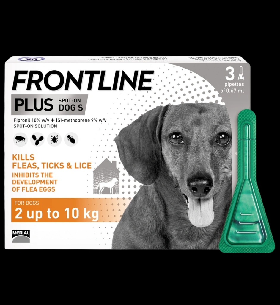 Frontline Plus Dog S 2-10kg packaging which is available to order online from NowPatient with next day delivery
