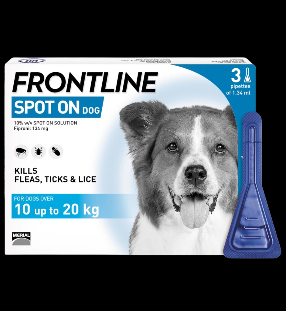 Frontline Spot On Dog M 10-20kg packaging which is available to order online from NowPatient with next day delivery