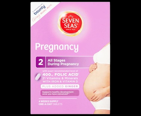 Seven Seas Pregnancy One-A-Day Tablets packaging which is available to order online from NowPatient with next day delivery