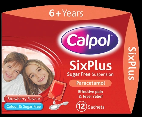 Calpol Six Plus Sugar-Free Suspension Sachets packaging which is available to order online from NowPatient with next day delivery