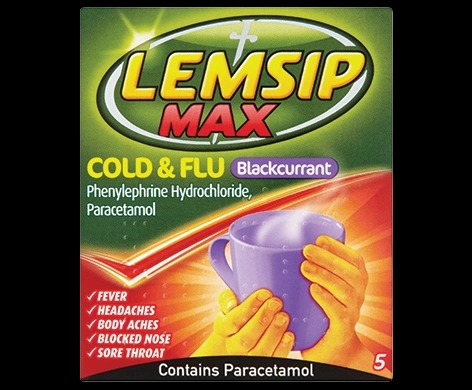 Lemsip Max Cold & Flu Blackcurrant packaging which is available to order online from NowPatient with next day delivery