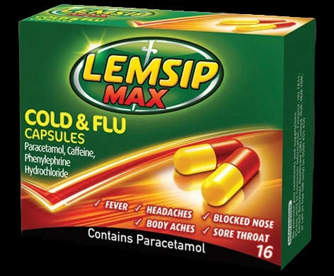 Lemsip Max Cold & Flu Capsules packaging which is available to order online from NowPatient with next day delivery
