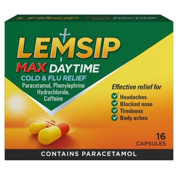 Lemsip Max Daytime Cold & Flu Relief packaging which is available to order online from NowPatient with next day delivery