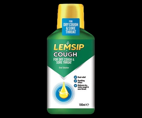 Lemsip Cough for Dry Cough & Sore Throat Oral Solution packaging which is available to order online from NowPatient with next day delivery