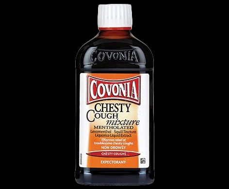 Covonia Chesty Cough Mixture Mentholated packaging which is available to order online from NowPatient with next day delivery