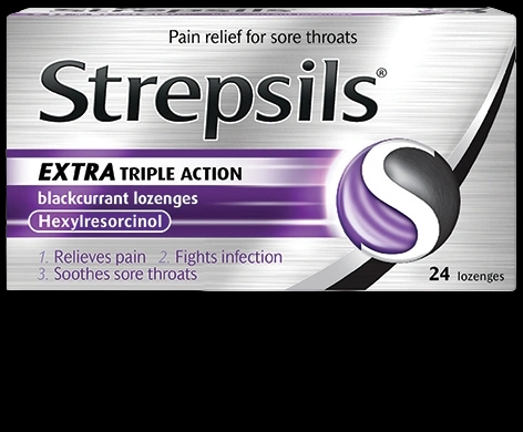 Strepsils Extra Triple Action Blackcurrant Lozenges packaging which is available to order online from NowPatient with next day delivery