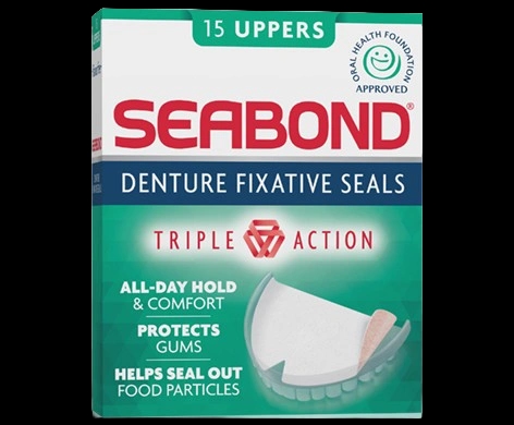 Seabond Denture Fixative Seals Uppers packaging which is available to order online from NowPatient with next day delivery