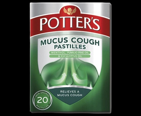 Potter’s Mucus Cough Pastilles packaging which is available to order online from NowPatient with next day delivery