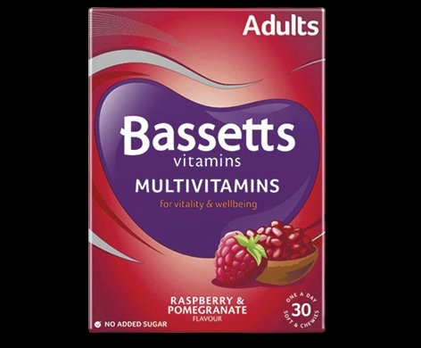 Bassetts Vitamins Adults Multivitamins Raspberry & Pomegranate packaging which is available to order online from NowPatient with next day delivery
