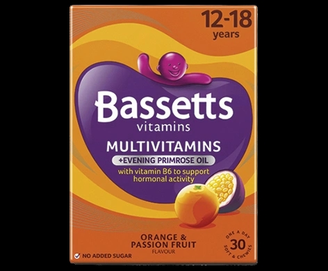 Bassetts Vitamins 12-18 Years Multivitamins + Evening Primrose Oil Orange & Passion Fruit packaging which is available to order online from NowPatient with next day delivery