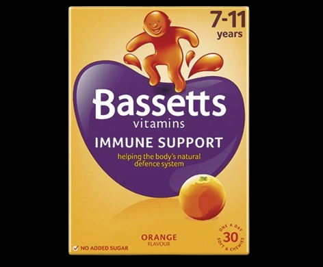 Bassetts Vitamins 7-11 Years Immune Support Orange packaging which is available to order online from NowPatient with next day delivery