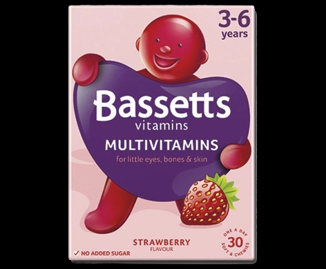 Bassetts Vitamins 3-6 Years Multivitamins Strawberry packaging which is available to order online from NowPatient with next day delivery