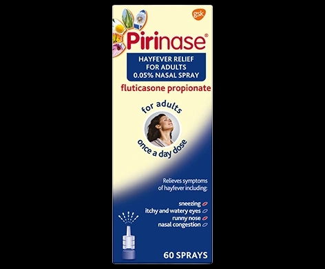 Pirinase Hayfever Relief for Adults 0.05% Nasal Spray packaging which is available to order online from NowPatient with next day delivery