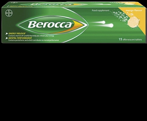 Berocca Effervescent Tablets Mango Flavour packaging which is available to order online from NowPatient with next day delivery