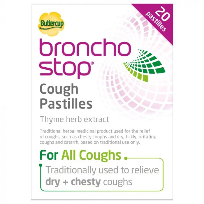 Buttercup Bronchostop Cough Pastilles packaging which is available to order online from NowPatient with next day delivery