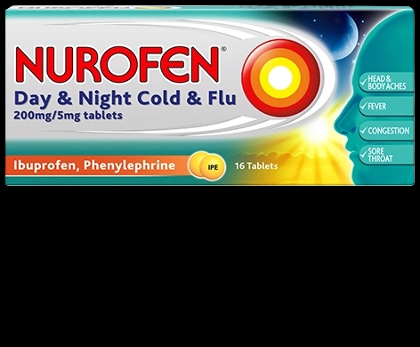 Nurofen Day & Night Cold & Flu 200mg/5mg Tablets packaging which is available to order online from NowPatient with next day delivery