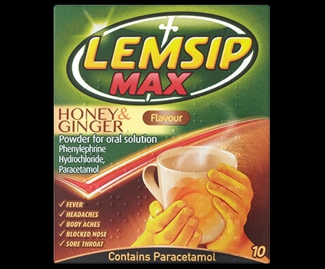 Lemsip Max Honey & Ginger Flavour Powder for Oral Solution packaging which is available to order online from NowPatient with next day delivery