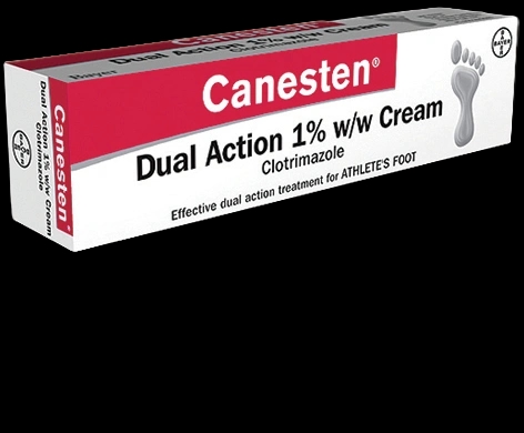 Canesten Dual Action 1%w/w Cream packaging which is available to order online from NowPatient with next day delivery