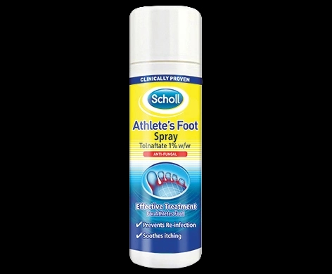Scholl Athlete’s Foot Spray Liquid packaging which is available to order online from NowPatient with next day delivery