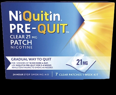 NiQuitin Pre-Quit Clear 21mg Patch packaging which is available to order online from NowPatient with next day delivery