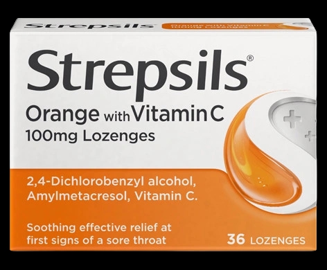Strepsils Orange with Vitamin C 100mg Lozenges packaging which is available to order online from NowPatient with next day delivery