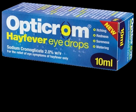 Opticrom Hayfever Eye Drops packaging which is available to order online from NowPatient with next day delivery