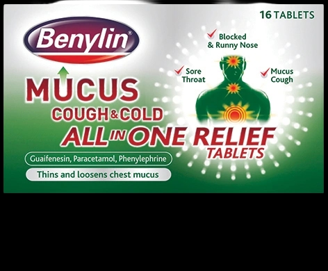 Benylin Mucus Cough & Cold All in One Relief Tablets packaging which is available to order online from NowPatient with next day delivery