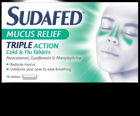 Sudafed Mucus Relief Triple Action Cold & Flu Tablets packaging which is available to order online from NowPatient with next day delivery