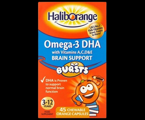 Haliborange Kids Omega-3 Brain Support Fruit Burst Capsules Orange packaging which is available to order online from NowPatient with next day delivery