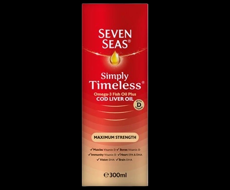 Seven Seas Simply Timeless Omega-3 Fish Oil plus Cod Liver Oil Maximum Strength Liquid packaging which is available to order online from NowPatient with next day delivery