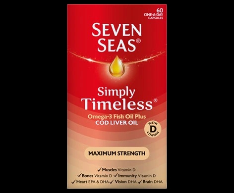 Seven Seas Simply Timeless Omega-3 Fish Oil plus Cod Liver Oil Maximum Strength Capsules packaging which is available to order online from NowPatient with next day delivery