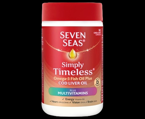 Seven Seas Simply Timeless Omega-3 Fish Oil plus Cod Liver Oil High Strength Capsules packaging which is available to order online from NowPatient with next day delivery