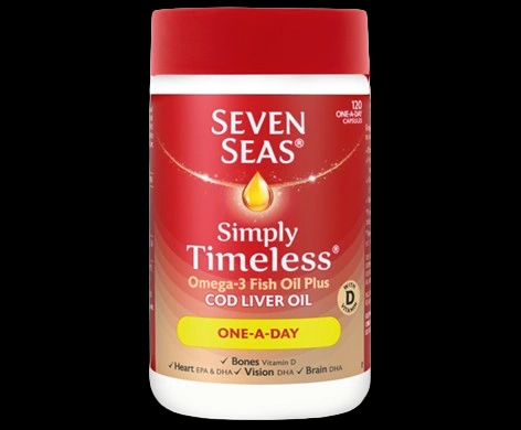 Seven Seas Simply Timeless Omega-3 Fish Oil plus Cod Liver Oil One-A-Day packaging which is available to order online from NowPatient with next day delivery