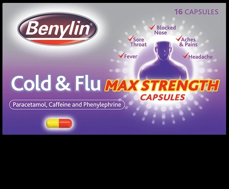 Benylin Cold & Flu Max Strength Capsules packaging which is available to order online from NowPatient with next day delivery