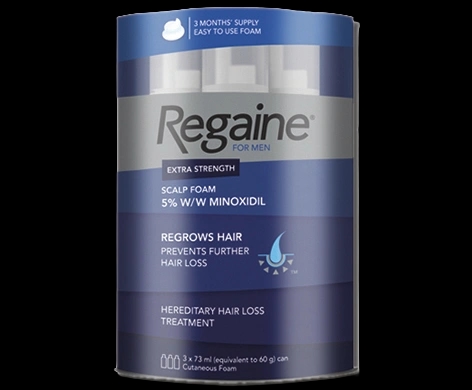 Regaine for Men Extra Strength Scalp Foam packaging which is available to order online from NowPatient with next day delivery