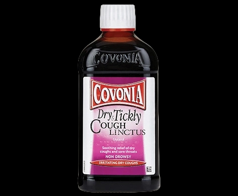 Covonia Dry & Tickly Cough Linctus packaging which is available to order online from NowPatient with next day delivery