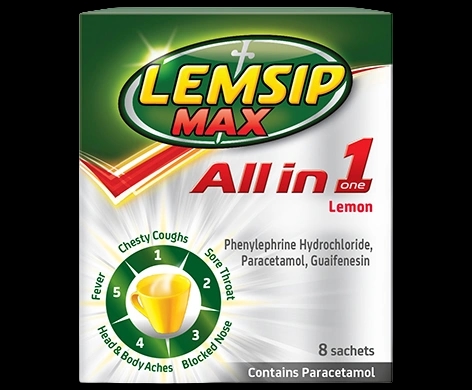 Lemsip Max All in One Lemon packaging which is available to order online from NowPatient with next day delivery