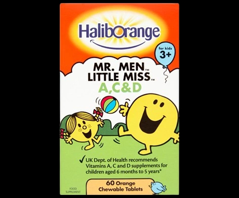 Haliborange Mr Men Little Miss A, C & D Orange Chewable Tablets packaging which is available to order online from NowPatient with next day delivery